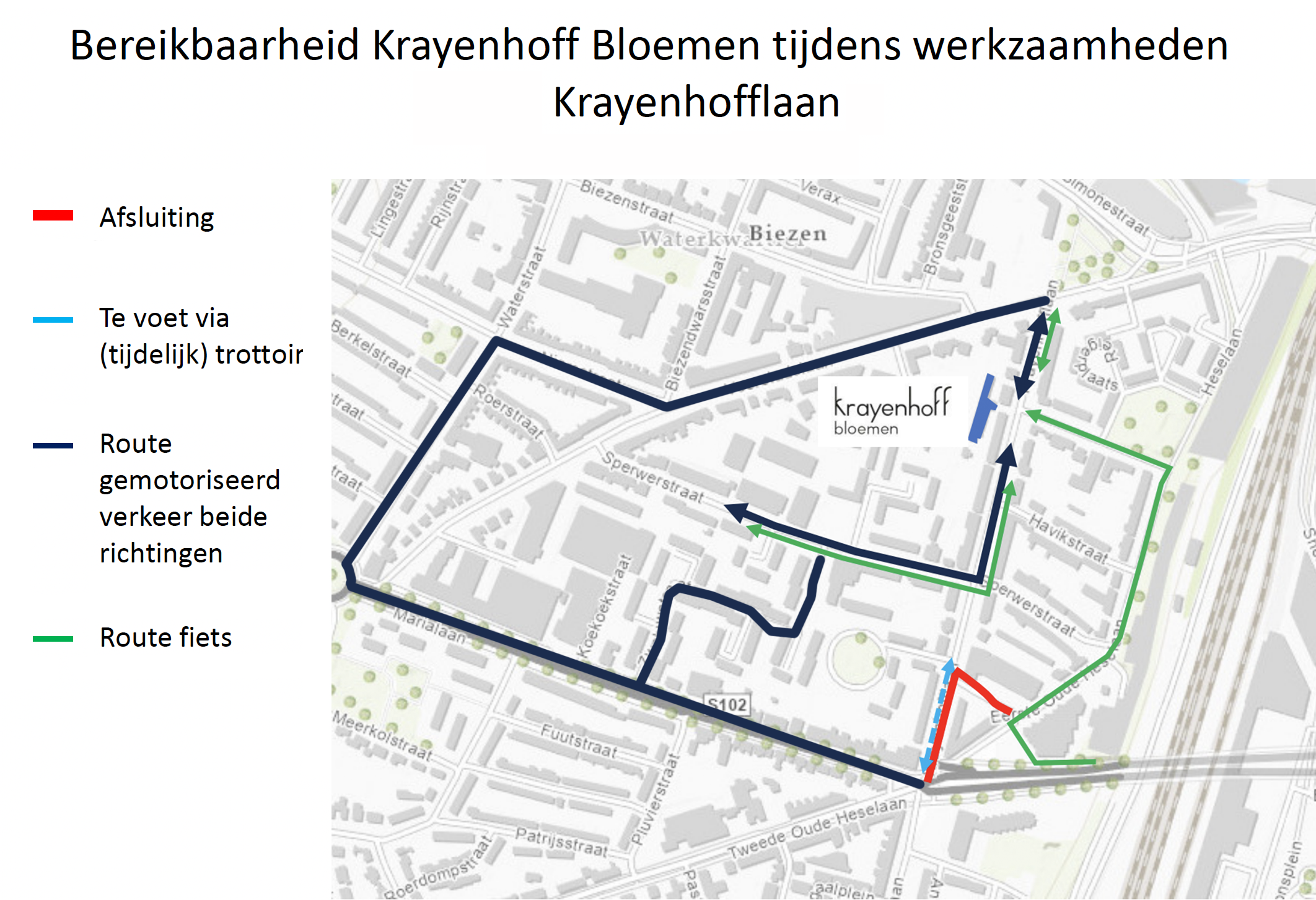 routes naar Krayenhoff bloemen via de Voorstadslaan en via de Kauwstraat > Eerste oude Heselaan > Oude Weurtseweg